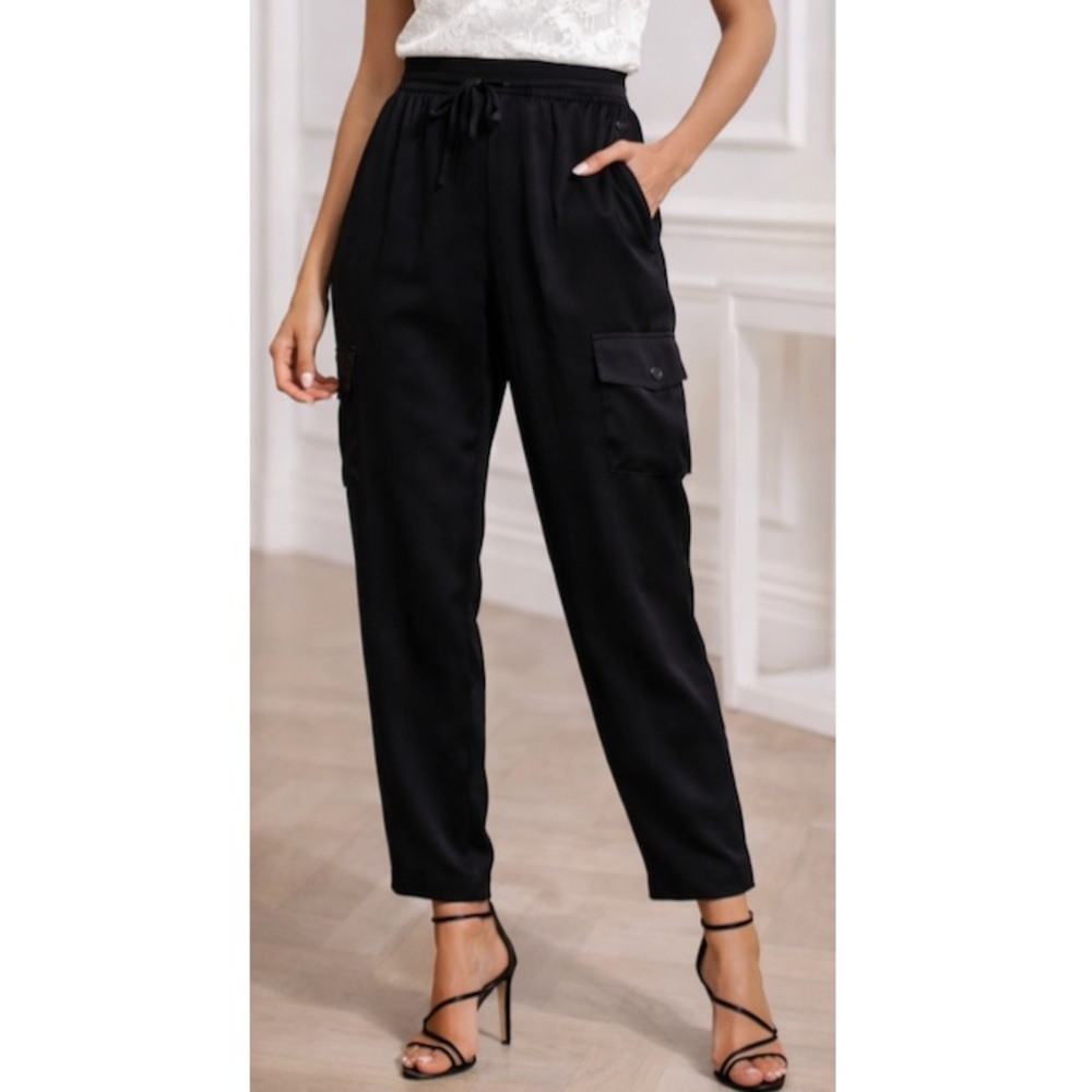 Elie Tahari Satin Cargo Pockets Jagger Pants LARGE High Rise Black Y2K silky